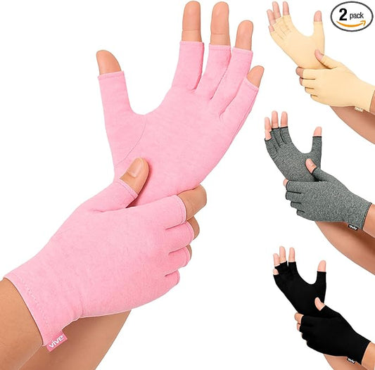 Vive Pink Arthritis Hand Compression Gloves - Comfortable Fit for Men and Women - Open Finger for Rheumatoid, Osteoarthritis and Computer Typing Pain - Carpal Tunnel Support - Moisture Wicking Fabric