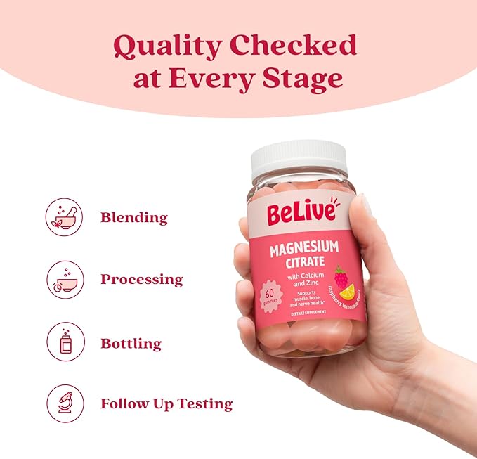 BeLive Magnesium Citrate Gummies with Calcium and Zinc for Adults and Kids - High Absorption Magnesium Supplement for Cognitive, Bone, Muscle and Nerve Health - Raspberry Lemonade - 120 Count
