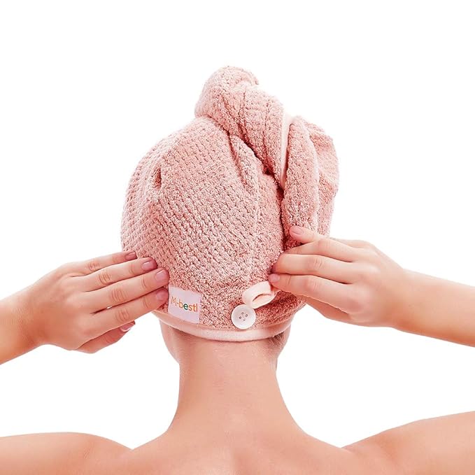 2 Pack Microfiber Hair Towel Wrap,Hair Drying Towel with Button, Hair Towel Turban,Quick Dry,Anti-frizz,Absorbent Head Towel (Pink&Beige)