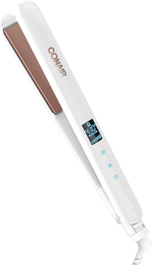 Conair Double Ceramic Flat Iron, 1-Inch Flat Iron, 5 Digital Temp Settings Up to 410°F, Extra-Long Plates, For All Hair Types and Textures, White