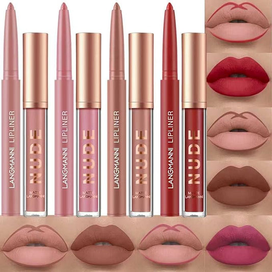 Jolilab 8Pcs Matte Lip Liner + Liquid Lipstick Set, One Step Velvety Nude Lip Stain Waterproof Long Wear High Pigment Lip Makeup Gift Set(#09+10+11+12)