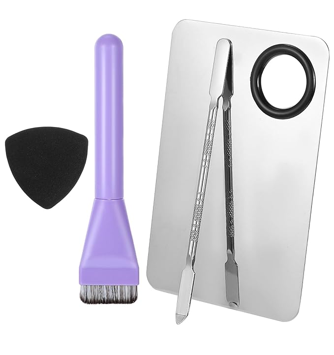 4Pcs Makeup Mixing Palette, Mixing Medium Makeup Foundation Spatula and Palette Foundation Brush Plate Spatula Puff, Perfect for Mixings Mediums, Ideal for Women & Girls, Stainless Steel Easy to Clean