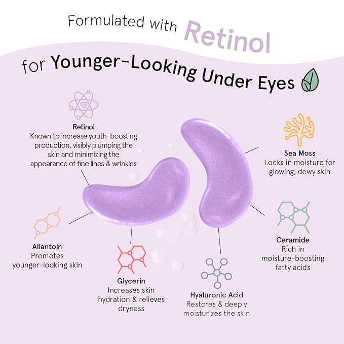 grace & stella Retinol Under Eye Patches for Puffy Eyes and Dark Circles - Restoring Gel Under Eye Masks with Hyaluronic Acid - Vegan Skincare, Self Care Gifts for Women (Purple, 48 Pairs)