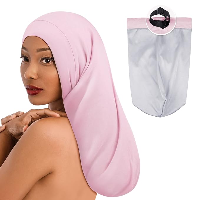 Fittia Long XL Silk Satin Bonnet for Braids, Dreadlocks for Curly Hair Sleeping, Large Silk Sleep Cap for Black Women Men Frizzy Hair