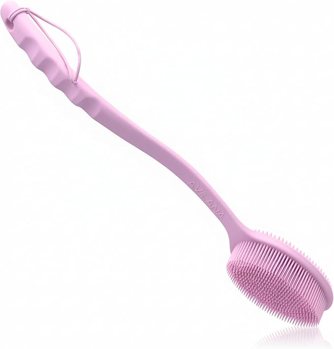 Avilana Premium Back Scrubber Long Handle 19 Inch - 8 Years Trusted Since 2017 - SGS Certified Silicone Bath Brush, Dual Sided Exfoliating Body Brush Extended Reach Back Washer Women Men Seniors Gift