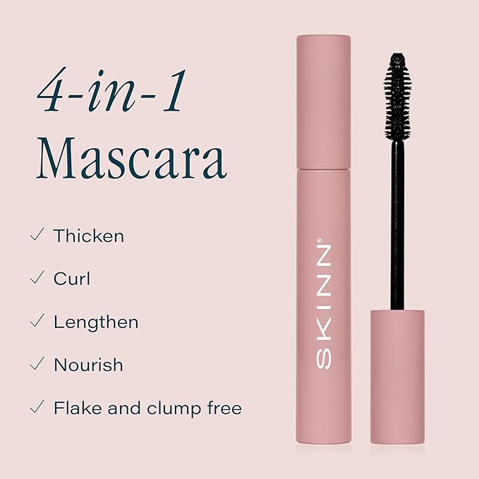 SKINN Lash-Redemption 4-in-1 Mascara - Eyelash Mascara with Soft Bristle & Hourglass Applicator Thickens, Curls, Lengthens & Nourishes Lashes - Alcohol-Free Formula, Clump & Flake Resistant
