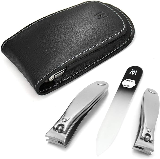 GERMANIKURE 3pc Travel Manicure Set - FINOX Stainless Steel Tools Handmade in Solingen Germany: Fingernail Clipper, Toenail Clipper, Glass Nail File in Leather Case
