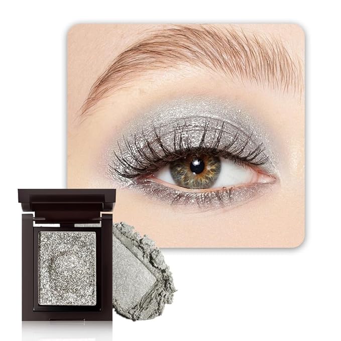 Sparkly Eyeshadow Palette for Women, Single Monochrome Eye Shadow Makeup, Shiny Pressed Cream Powder, Blendable Natural sombras para ojos, Holographic,Vegan,Travel (03-Glitter-Silver White)