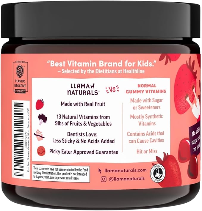 Llama Naturals Kids Multivitamin Gummies | Real Fruit, No Added Sugar Cane | Organic Vegan Toddler Whole Food Vitamins | Vitamin D, C & Beta Carotene Gummy Supplement | Strawberry 90 Ct (1-2 Months)