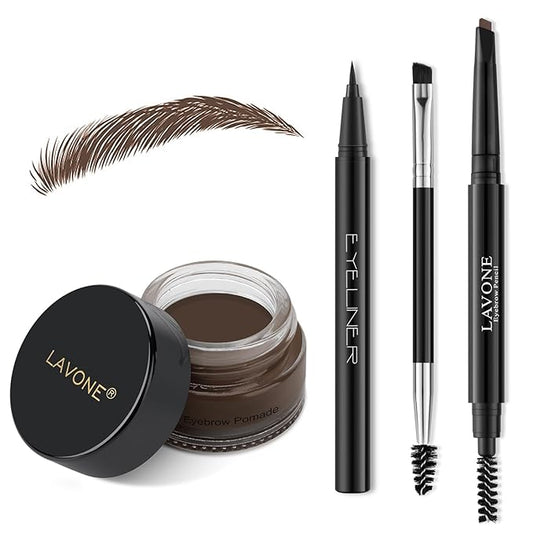 LAVONE Eyebrow Stamp Pencil Kit for Eyebrows Makeup, with Waterproof Eyebrow Pencil, Eyeliner, Eyebrow Pomade, and Dual-ended Eyebrow Brush - Dark Brunette