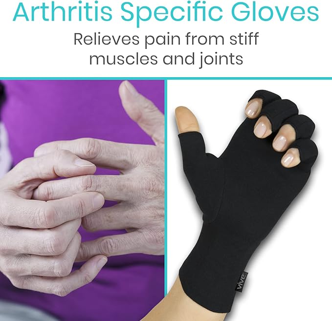 Vive Rheumatoid Arthritis Gloves - Men and Women Fingerless Compression Wrap for Hand Pain and Osteoarthritis - Black Hand Wrap for Arthritic Joint Symptom Relief - Open Finger Fit