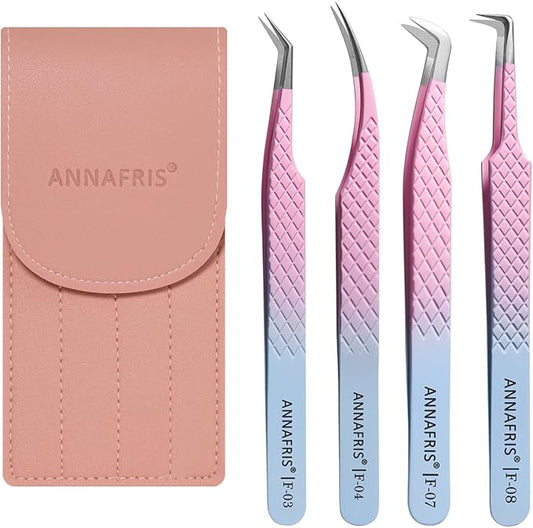 Eyelash Extension Tweezers,Fiber Tip Grip Boot Volume Lash Tweezers,Professional Pointed Lash Extension Tweezers for Easy Lash Application and Removal(4Pcs-F03/04/07/08)