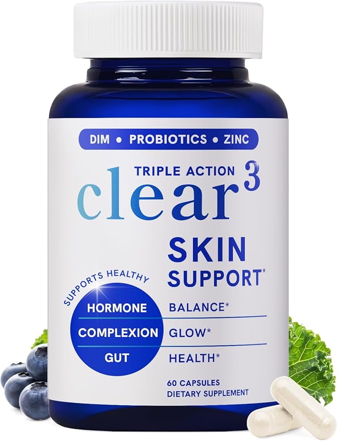 Clear Skin Supplement with Zinc, DIM & Probiotics | 3-in-1 Balance, Glow & Health Skin Support | Triple Action Hyaluronic Acid, Niaciminide & Vitamins for Hormone, Complexion & Gut Support | 120 Ct