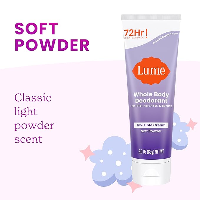 Lume Whole Body Deodorant - Invisible Cream Tube - 72 Hour Odor Control - Doctor Developed - Aluminum Free, Baking Soda Free and Skin Loving - 3.0 Ounce, Pack of 2 (Soft Powder & Toasted Coconut)