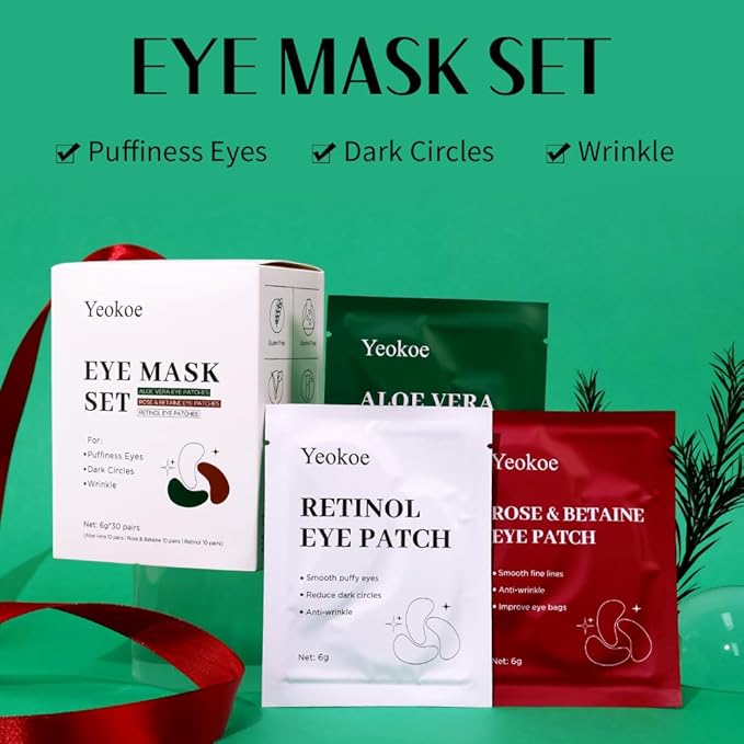 Yeokoe Under Eye Patches For Puffy Eyes and Dark Circles Wrinkle,30 Pairs Face Masks SkinCare With Retinol Serum,Aloe Vera,Rose Betaine