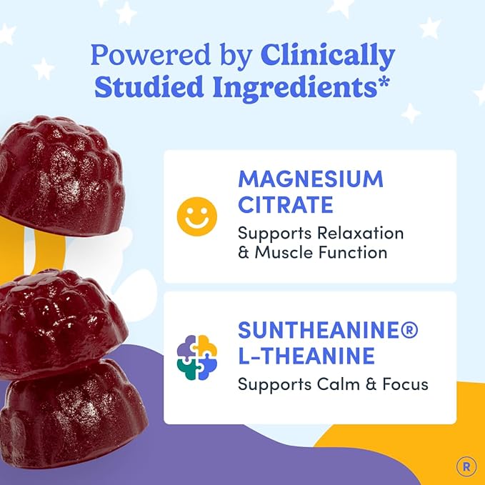 FIRST DAY Kids Magnesium Citrate Gummies (Ages 4+) with No Melatonin | Calm Kids Magnesium Gummies | Bedtime Supplement for Better Sleep with Suntheanine® L-Theanine | Strawberry | 30-Days Supply
