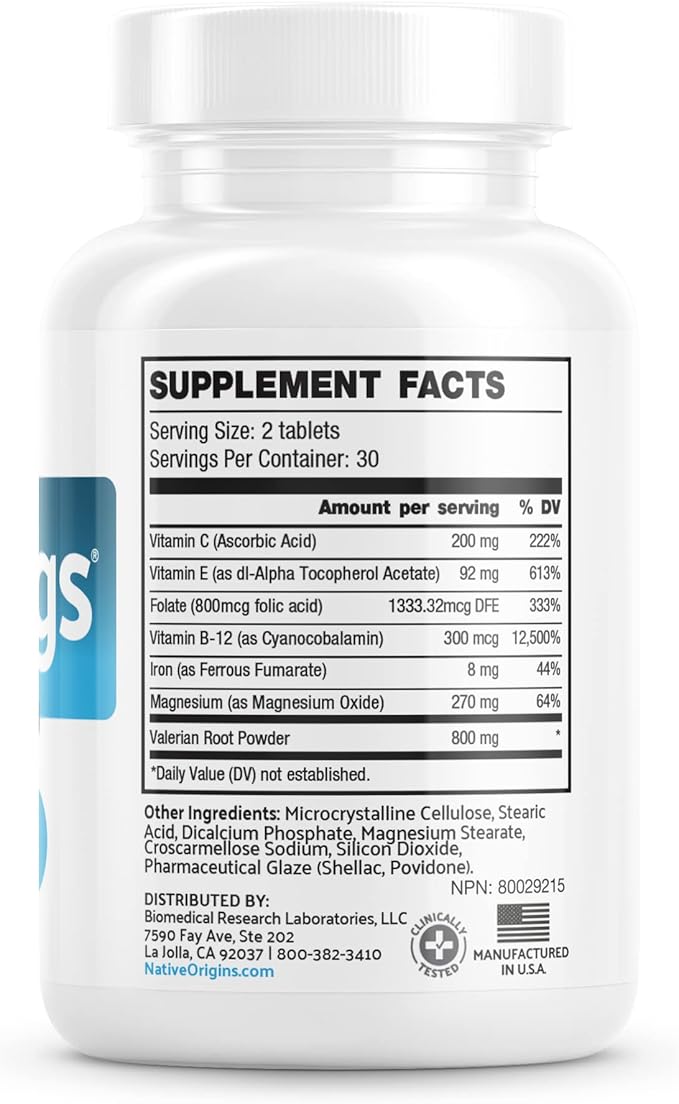 Natural for Natural Itching, Crawling, Tingling and Agitated Leg with Iron, Magnesium, and Valerian Root (60 Tablets)…