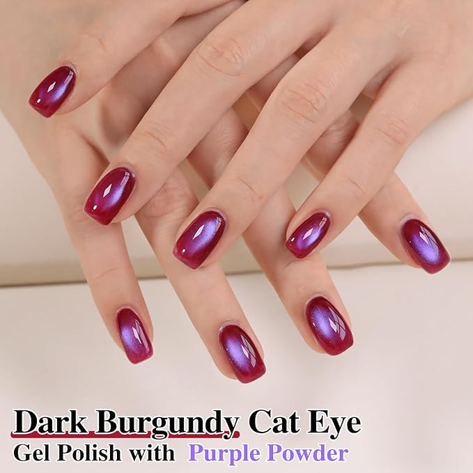 Double Rhythm Jelly Glass Cat Eye Gel Polish with Magnet 15ML Holographic Glitter Shimmer Translucent Sheer Color Magnetic Nail Polish Salon DIY at Home (Burgundy Purple-MC1265)