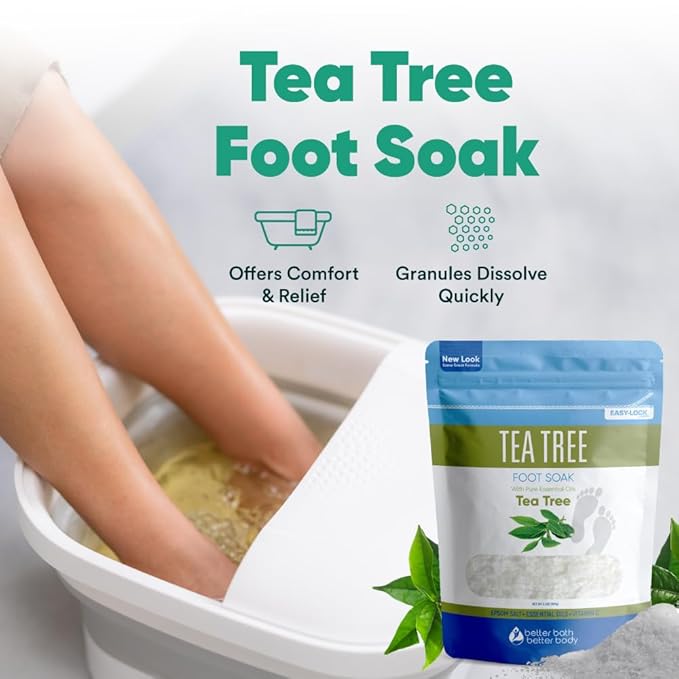 Tea Tree Foot Soak 32 Ounces (2 Lbs) USP Grade Epsom Salt with Natural Tea Tree Essential Oil Plus Vitamin C in BPA Free Pouch with Easy Press Lock Seal Made in USA DIY Home Spa Foot Care