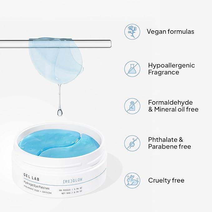 Gel Lab REGLOW Hyaluronic Acid & Caffeine Korean Skincare Eye Patches for Puffy Eyes, Dark Circles, and Wrinkles - Hydrating Under Eye Mask - 60 Gel Patches