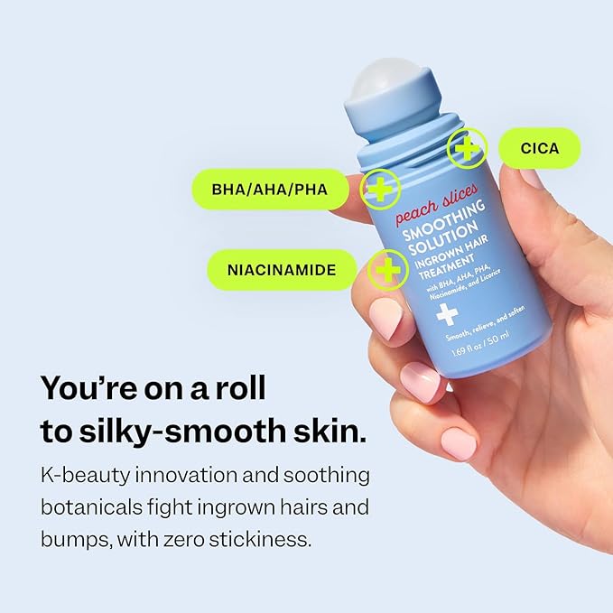 Peach Slices - Smoothing Solution Ingrown Hair Treatment (1.69 oz) - Smooth, Relieve, Soften Skin - 360 Roller - BHA, AHA, PHA, Niacinamide, Licorice - Vegan & Cruelty Free - Korean Skin Care & Beauty