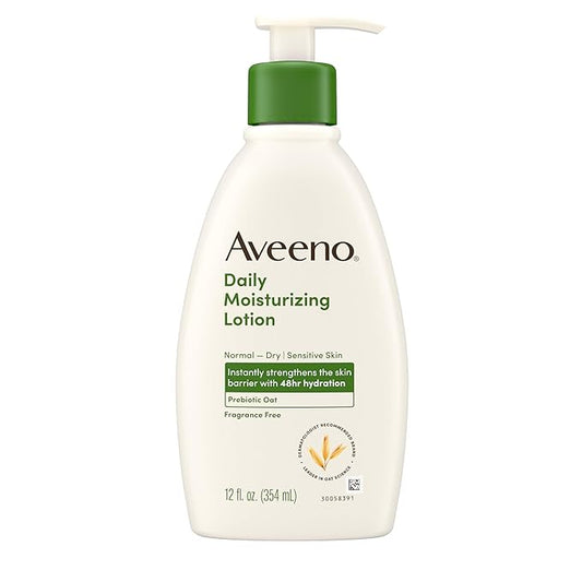 Aveeno Daily Moisturizing Body Lotion with Soothing Prebiotic Oat, Gentle Lotion Nourishes Dry Skin With Moisture, Paraben-, Dye- & Fragrance-Free, Non-Greasy & Non-Comedogenic, 12 fl. Oz
