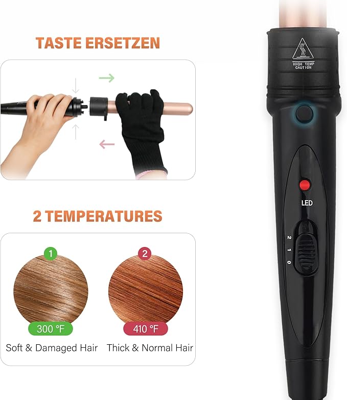 janelove 5 in 1 Wand Curling Iron Set, Ceramic Hair Curling Iron(0.35”-1.25”), Hair Curler for All Hairstyle, with Adjustable Temperature Dual Voltage, Instant Heat up, with Glove & 2 Clips(Gold)