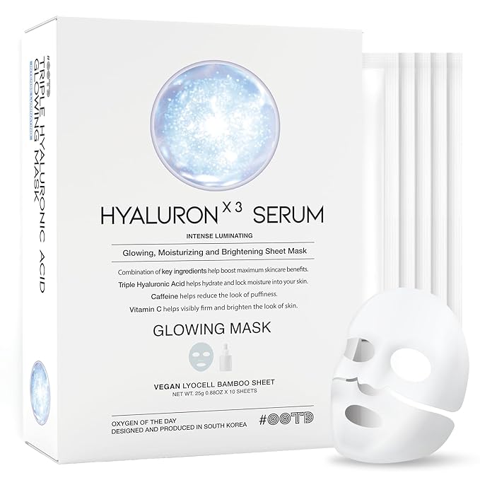 #OOTD Triple Hyaluron Hydrating Mask for Dry and Sensitive Skin, Anti Aging, Tightening and Moisturizing, Korean Vegan Beauty, Hyaluronic Acid, Caffeine, Vitamin C 10EA