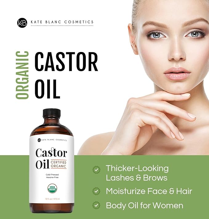 Kate Blanc Cosmetics Castor Oil Organic (16oz), 100% Pure, Cold Pressed, Hexane Free, Glass Bottle. Natural Oil for Hair, Eyelashes, Eyebrows. Body Oil & Skin Moisturizer with Starter Kit