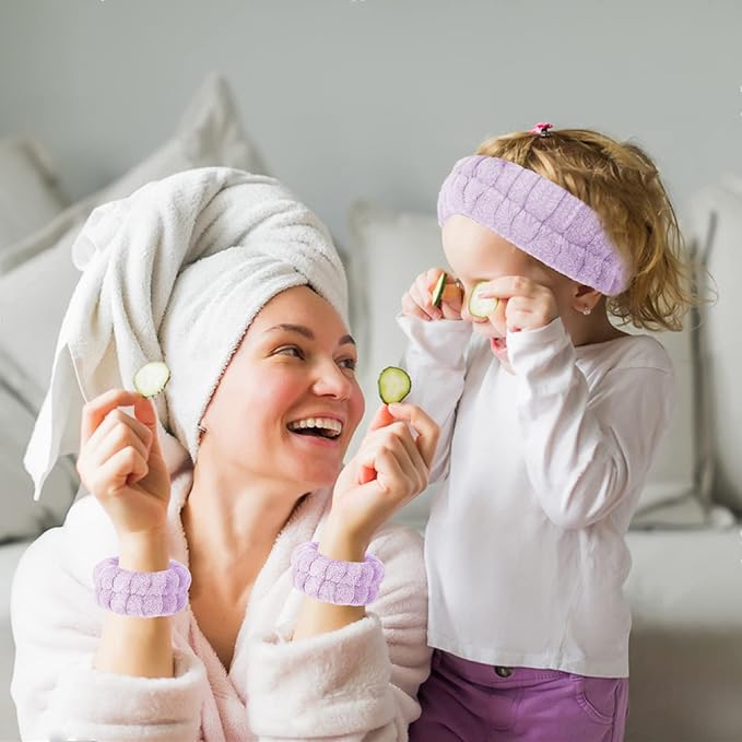 Face Wash Headband and Wristband Set of 2, Purple and Blue, Microfiber, Fitness, Unisex, with Wrist Towel Holder