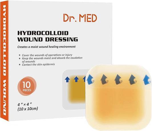 Dr. Med Hydrocolloid Wound Dressing 4"x4"-10 Pack/Box, Waterproof Adhesive Bordered Bandage, for Light Exudate, Abrasions, Pressure Ulcer, Bed Sore, Superficial Wound Care