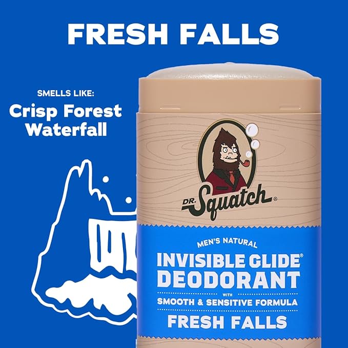 Dr. Squatch Invisible Glide Natural Men’s Deodorant – Smooth Glide, No Stains – Aluminum Free Deodorant Men – Safe for Sensitive Skin – Fresh Falls, 2.65oz (2-Pack)