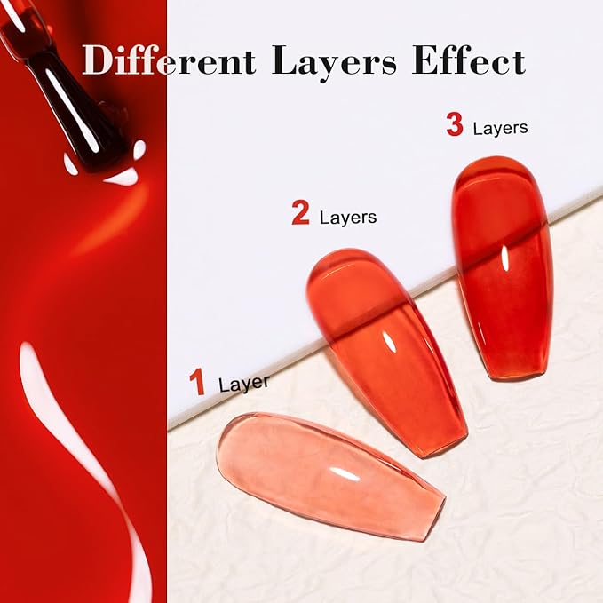 RARJSM Jelly Gel Nail Polish Clear Crystal Glass Translucent Amber Orange Dark Red Transparent Sheer Gel Varnish LED UV Curing Requires French Manicure Soak off for Home Salon Diy Summer Colors 15ML