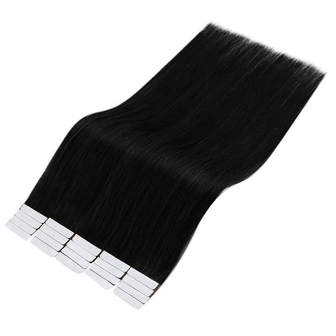 Full Shine Virgin Tape in Hair Extensions Color 1 Jet Black Tapes Extensions 14 Inch Remy Hair Extensions Tape in 25 Gram Double Sided Tapes Hair Extension 10 Pcs Long Lasting for Women