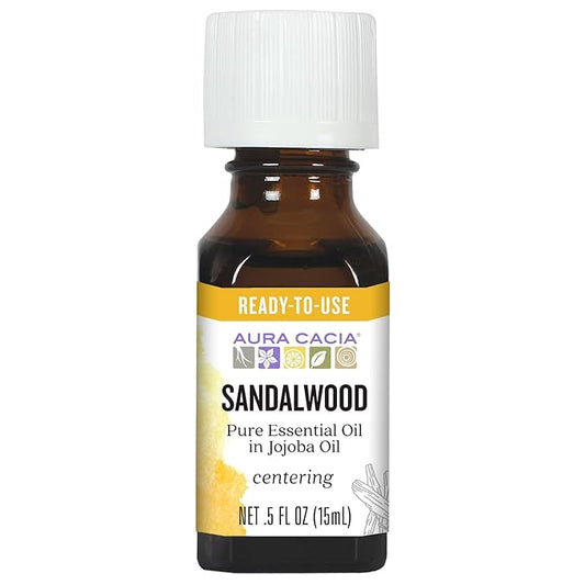 Aura Cacia Sandalwood Essential Oil in Jojoba Oil, 0.5 fl. oz., Woodsy, Balsamic-Like Aroma for Skin Care & Centering