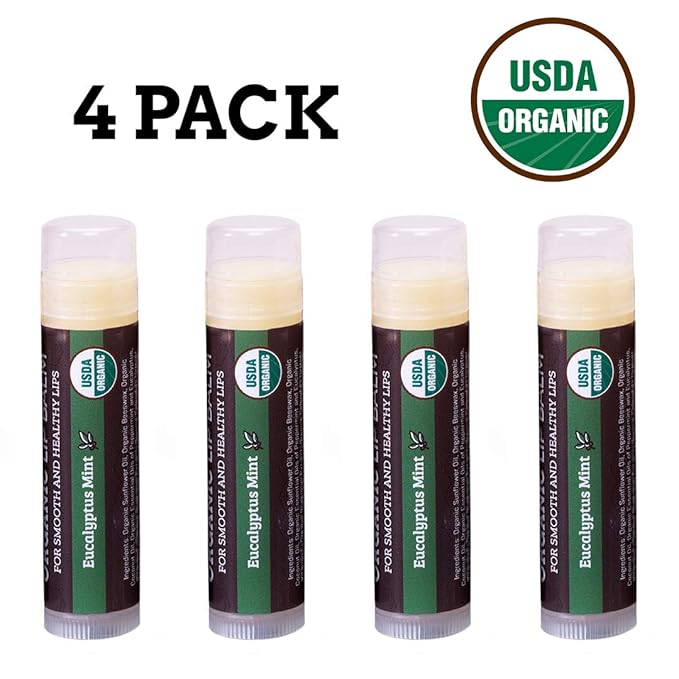 Earth's Daughter USDA Organic Lip Balm 4-Pack Eucalyptus Mint Flavor - Beeswax, Coconut Oil, Vitamin E - Best Lip Repair Chapstick for Dry Cracked Lips.