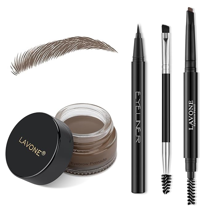 LAVONE Eyebrow Stamp Pencil Kit - Brow Stamp Trio with Waterproof Eyebrow Pencil, Eyeliner, Pomade, Dual-ended Brush - Soft Coffee