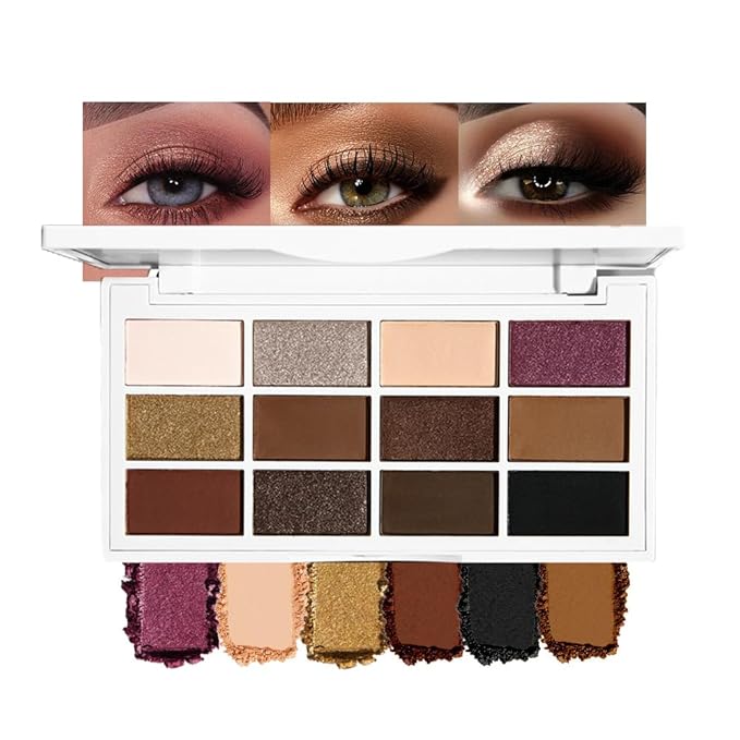 evpct 12 Colors Matte Shimmer Pressed Eye Shadow Palette Makeup for Women,Matte Beige Apricot Neutral Nude Brown Cocoa Black, Shimmer Plum Purple Bronze Gold Light Champagne, Eyeshadow Contour Palette
