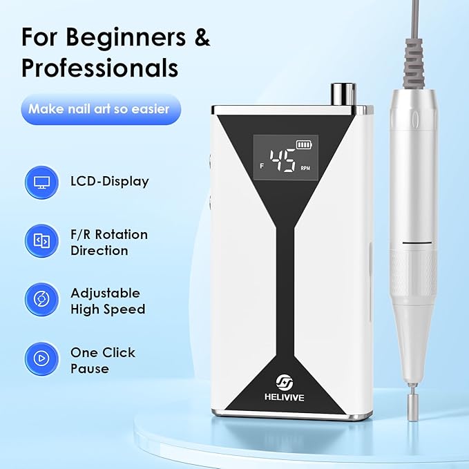 Professional Electric Nail Drill 45000RPM (Portable & Rechargeable) (with 11 Drill Bits ) Cordless Nail File Machine for Shaping, Polishing & Removing Gel Nails for Salon Home (White)