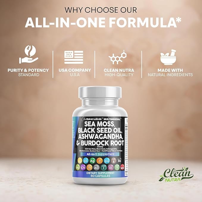 Clean Nutraceuticals Sea Moss Black Seed Oil Ashwagandha Turmeric Bladderwrack Burdock & Vitamin C Vitamin D3 with Elderberry Manuka Dandelion Yellow Dock Iodine Chlorophyll ACV