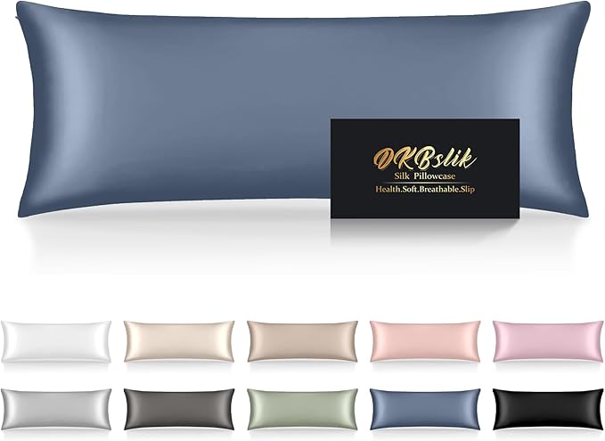Silk Body Pillow Cases, Mulberry Silk Body Pillow Cover with Zipper, Smooth, Anti Acne, Cooling Sleep Both Sides Natural Silk Satin 20x54 Body Pillowcase, Gifts for Women Men, Ash Blue