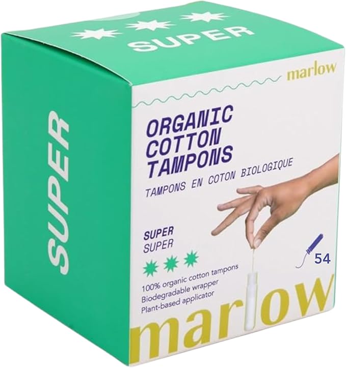 Marlow 100% Organic Cotton Easy Glide Tampons with Compact Plant Based BPA Free Applicator, Chlorine Free, Toxin Free, Hypoallergenic, Dermatologically Tested, Fragrance Free, Super, 54 Count
