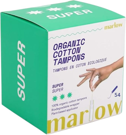 Marlow 100% Organic Cotton Easy Glide Tampons with Compact Plant Based BPA Free Applicator, Chlorine Free, Toxin Free, Hypoallergenic, Dermatologically Tested, Fragrance Free, Super, 54 Count