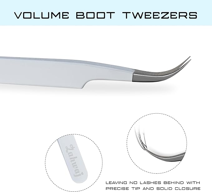 Lash Tweezers for Eyelash Extensions, Set of 3 - Volume, J Curved, Isolation Tweezers with Fiber Tips in White Colors, Ideal for Mega, Volume & Russian Lashes