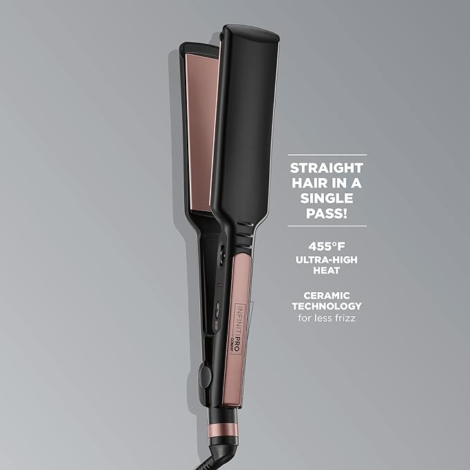 Infiniti PRO CONAIR Rose Gold Ceramic Flat Iron Hair Straightener, 1 3/4-Inch Flat Iron with Extra-Long Plates, Including a Floating Plate, Advanced Heat Technology, Black