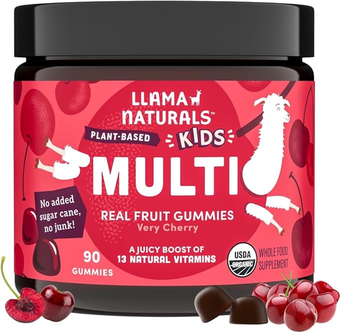 Llama Naturals Kids Multivitamin Gummies | Real Fruit, No Added Sugar Cane | Organic Vegan Toddler Whole Food Vitamins | Vitamin D, C & Beta Carotene Gummy Supplement | Cherry 90 Ct (1-2 Months)