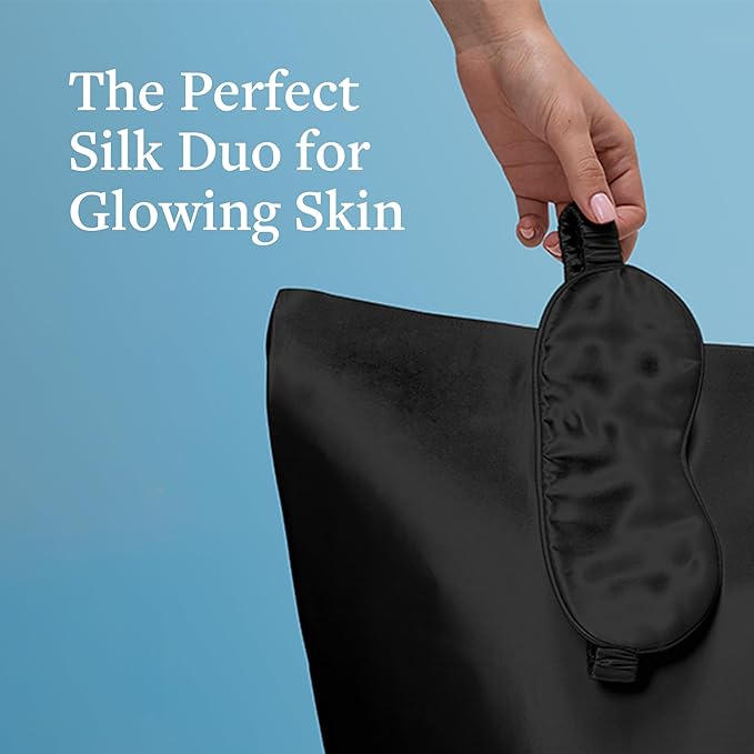 Silk Sleep Essentials Set in Black: Pillowcase and Eye Mask, 25" x 19.5" Fits Standard Queen Pillow, 22mm 6A Grade, for Gentle Sleep, Anti-Breakage, Tangles, Creases, and Wrinkles