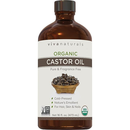 Viva Naturals Organic Castor Oil, Cold-Pressed, 16 fl oz – For Face, Hair, Eyelashes, USDA Organic, Non-GMO - Glass Bottle