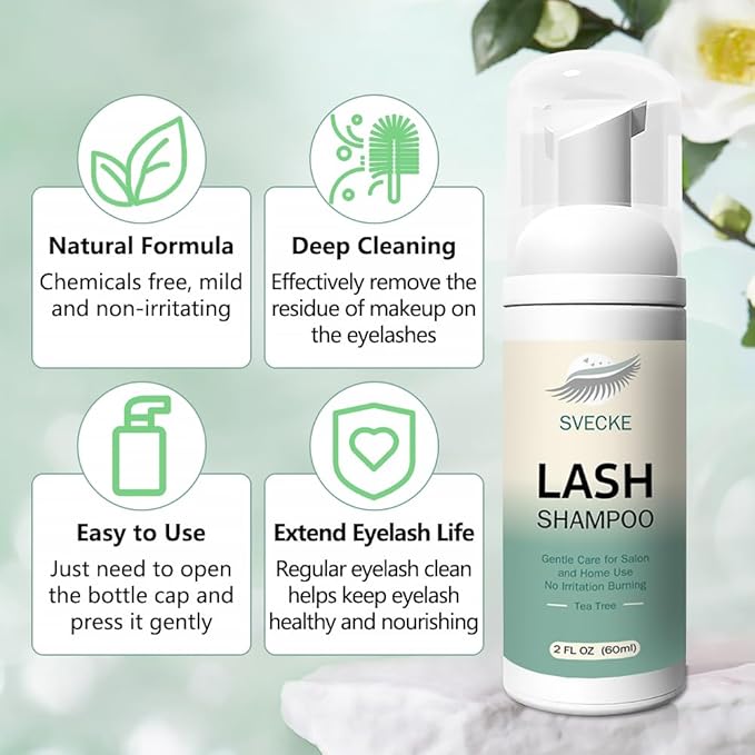 Lash Shampoo Kit Eyelash Extension Cleanser, Eyelash Shampoo for Lash Extensions, Lash Cleaner Eyelid Foam Cleaning Kit for Salon Home Use (Tea Tree)