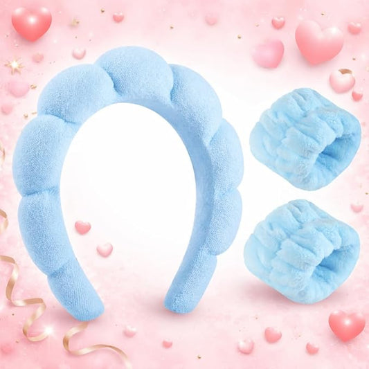 WSICSE Sponge Spa Headband for Washing Face, Blue Skincare Headband and Wrist Washband Set Makeup Hairband for Girls Womens